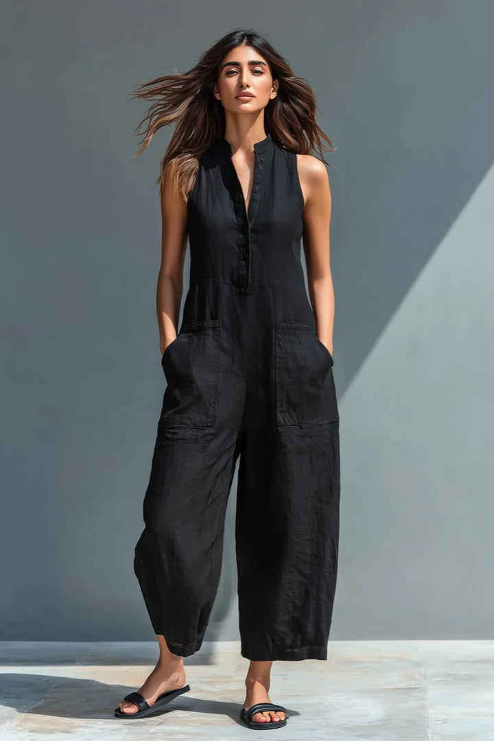 Black Linen Sleeveless Jumpsuit