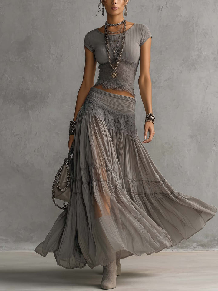 Grey Lace-Paneled Set