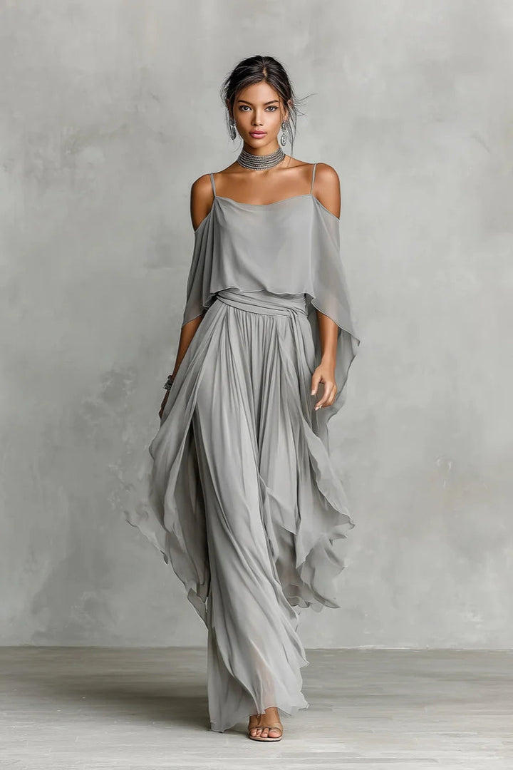 Grey Chiffon No Shoulder Set
