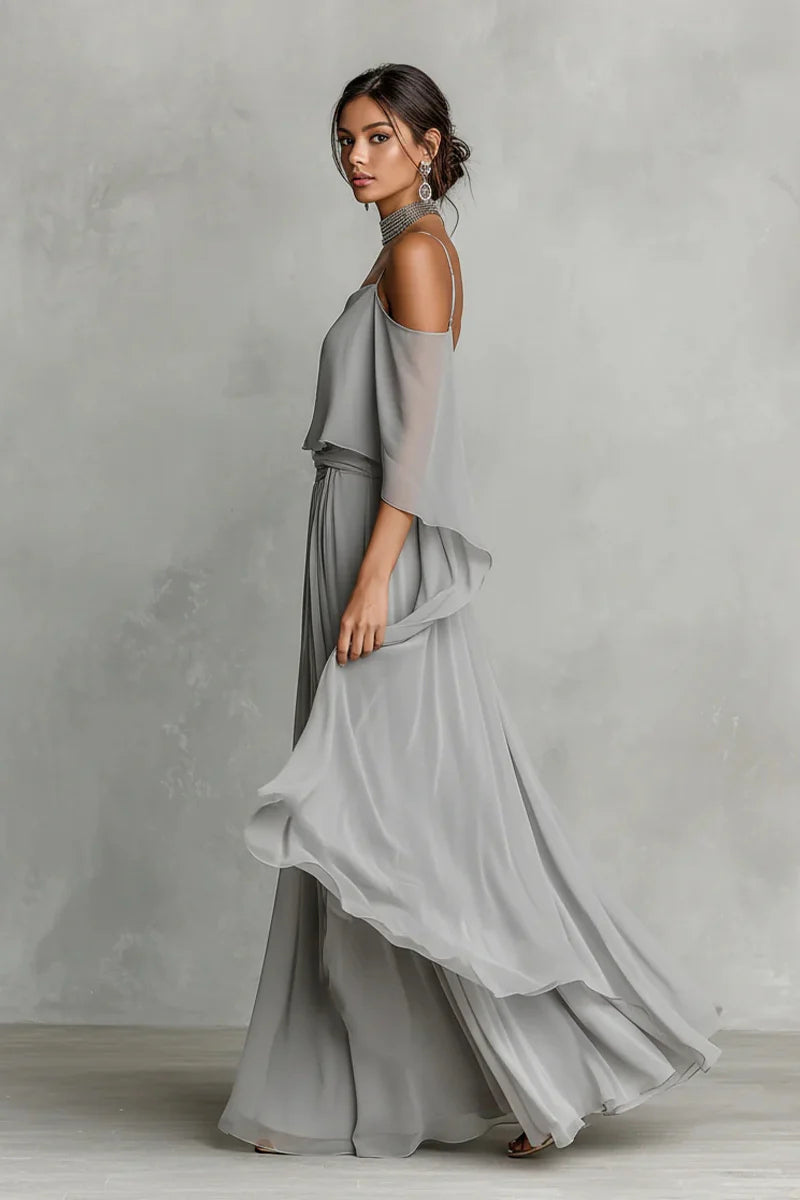 Grey Chiffon No Shoulder Set
