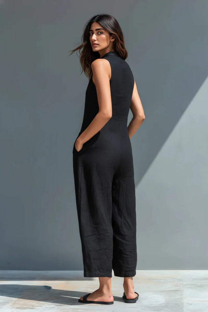 Black Linen Sleeveless Jumpsuit