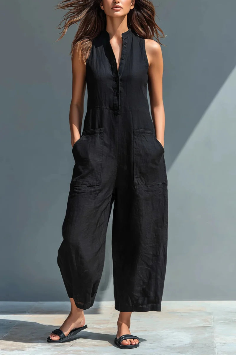 Black Linen Sleeveless Jumpsuit