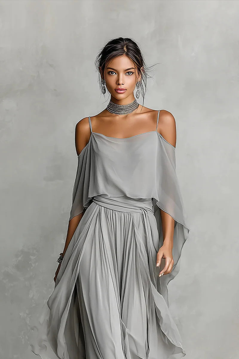 Grey Chiffon No Shoulder Set