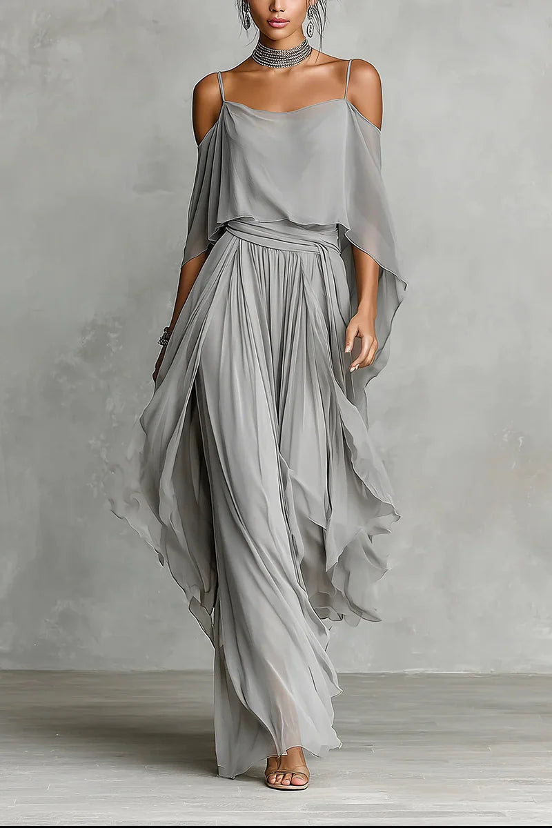 Grey Chiffon No Shoulder Set