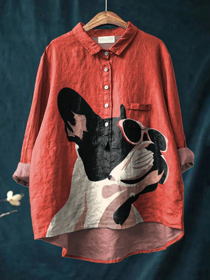 Samantha | Casual T-Shirt with Decorative French Bulldog Pattern Wearing Sunglasses on Red Background