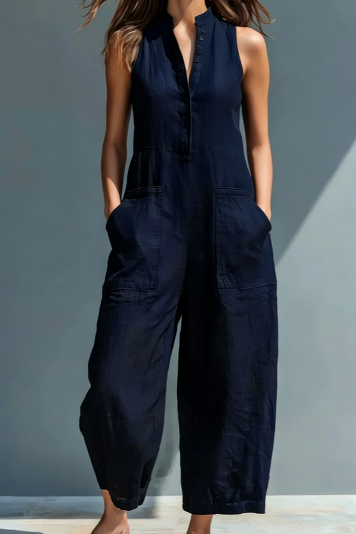 Black Linen Sleeveless Jumpsuit