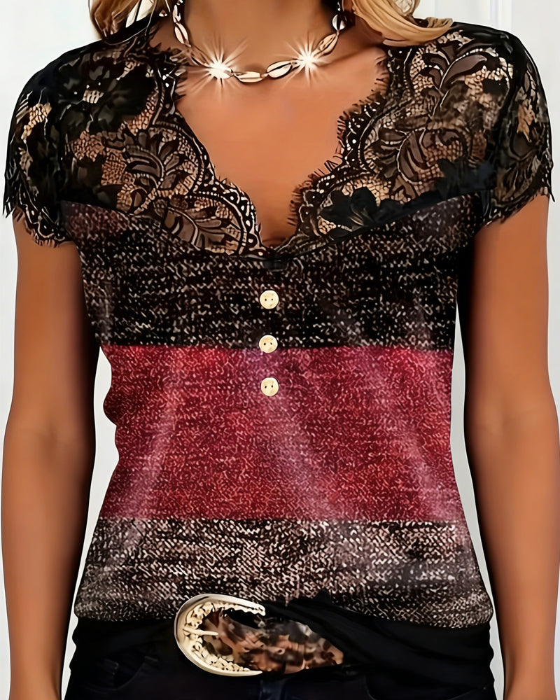 V-Neck T-Shirt with Lace and Color Patchwork